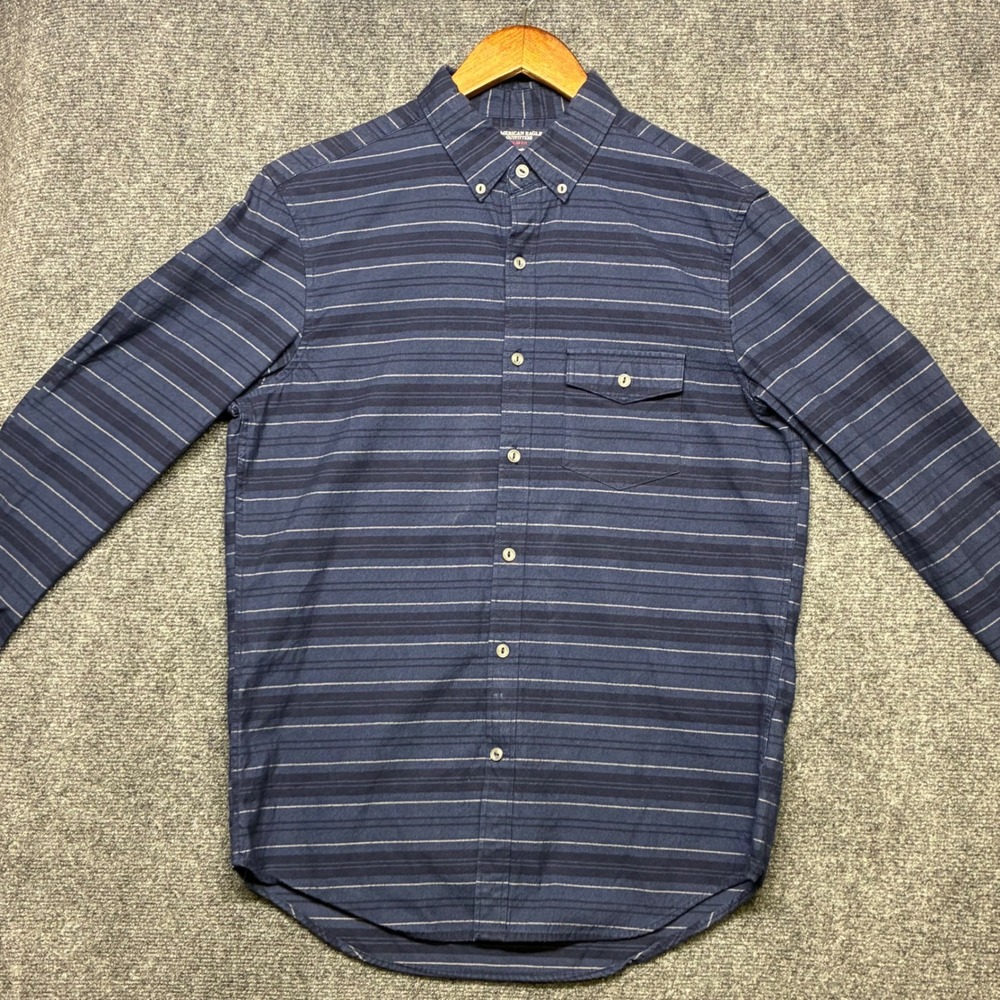 American Eagle Button Up Shirt Navy Striped Slim Fit Men's Medium‎ Long Sleeve